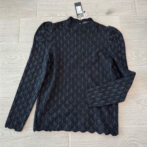 NANCY YANG Mock Neck Puff Shoulders Scalloped Black Trim Sweater Size Large NWT
